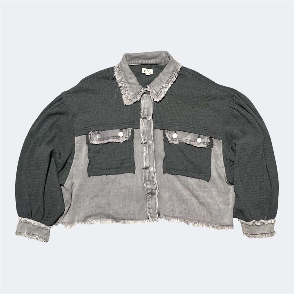 POL City Lights Gray Colorblock Mixed Media Cropped Shacket